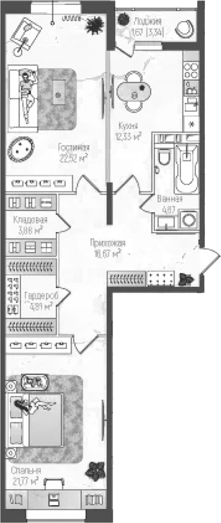 Планировка: 2-комнатная квартира 86,9 м² в ЖК «Рига Хиллс»