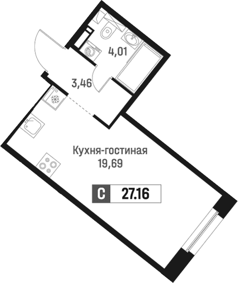 Планировка: Студия 27,2 м² в ЖК «Максималист»