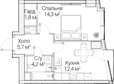 Планировка: 1-комнатная квартира 38,7 м² в ЖК «СЕЗАР БУДУЩЕЕ»