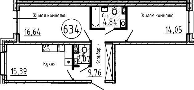 Планировка: Евротрёшка 62,8 м² в ЖК «Остров Первых»