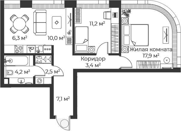 Планировка: Евротрёшка 62,6 м² в ЖК «Веер»