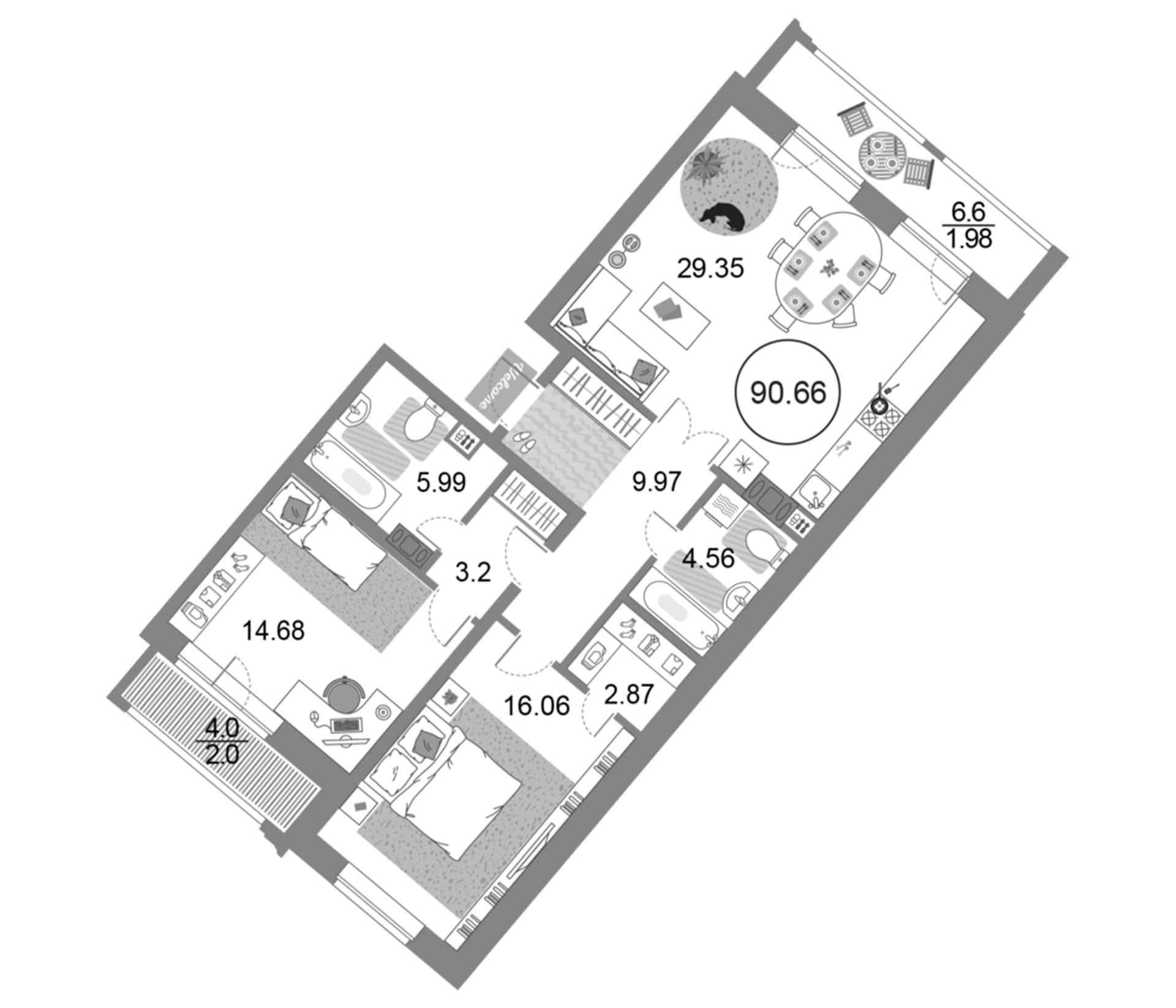 Планировка: Евротрёшка 86,7 м² в ЖК «Modum»