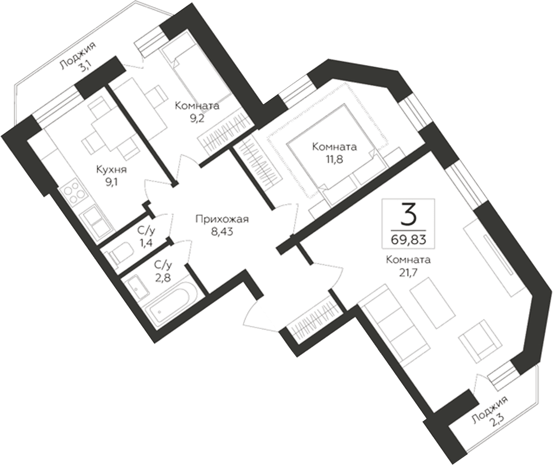 Планировка: 3-комнатная квартира 64,4 м² в ЖК «Гардарика Клаб»