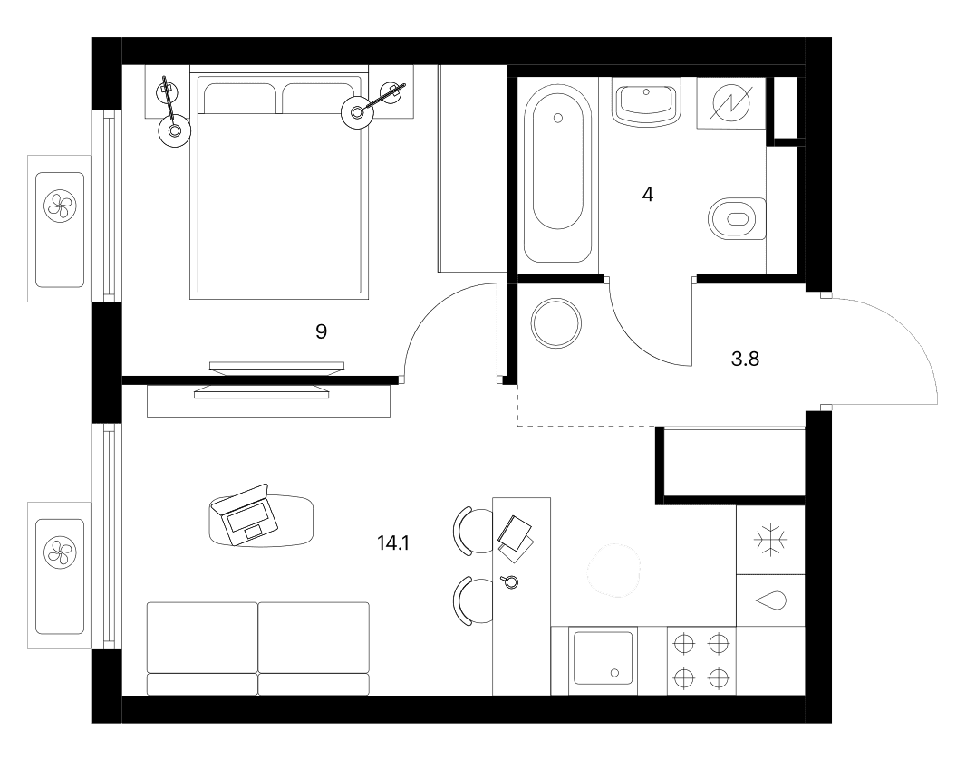 Планировка: 1-комнатная квартира 30,9 м² в ЖК «Белая Дача парк»