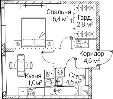 Планировка: 1-комнатная квартира 39,4 м² в ЖК «СЕЗАР БУДУЩЕЕ»