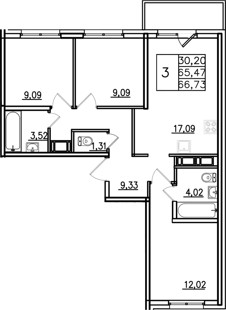Планировка: Квартира евро-4 65,5 м² в ЖК «Аэросити Лайф»