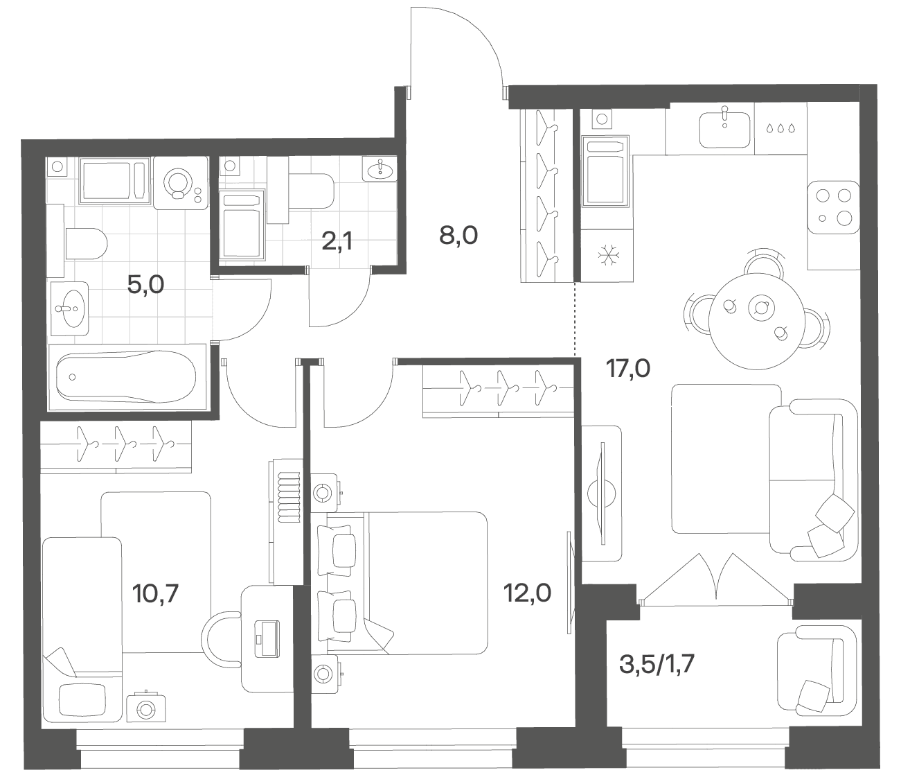 Планировка: Евротрёшка 55,8 м² в ЖК «Речной Квартал»