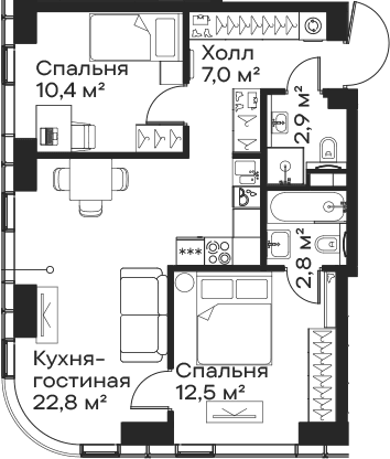 Планировка: Евротрёшка 58,4 м² в ЖК «Сити Бэй»