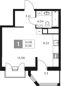 Планировка: 1-комнатная квартира 29,7 м² в ЖК «Восток 2»