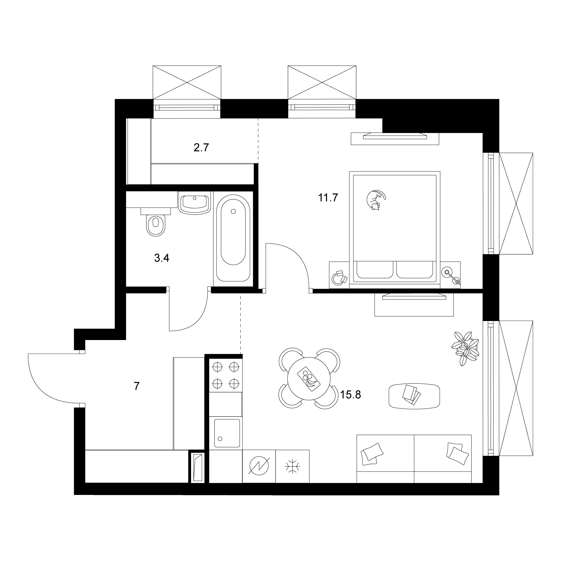 Планировка: 1-комнатная квартира 40,6 м² в ЖК «2-й Иртышский»