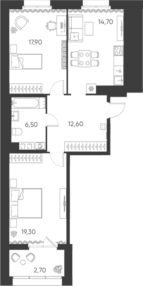 Планировка: Евротрёшка 71 м² в ЖК «Моисеенко, 10»