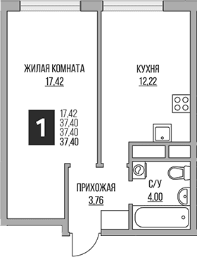 Планировка: 1-комнатная квартира 37,4 м² в ЖК «Гранель Притяжение Сити»