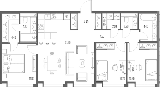 Планировка: 3-комнатная квартира 91,7 м² в ЖК «Северный Порт»