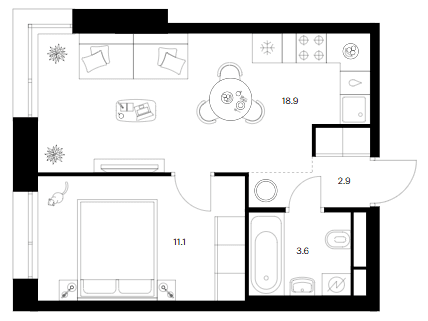 Планировка: 1-комнатная квартира 36,5 м² в ЖК «Москворечье»