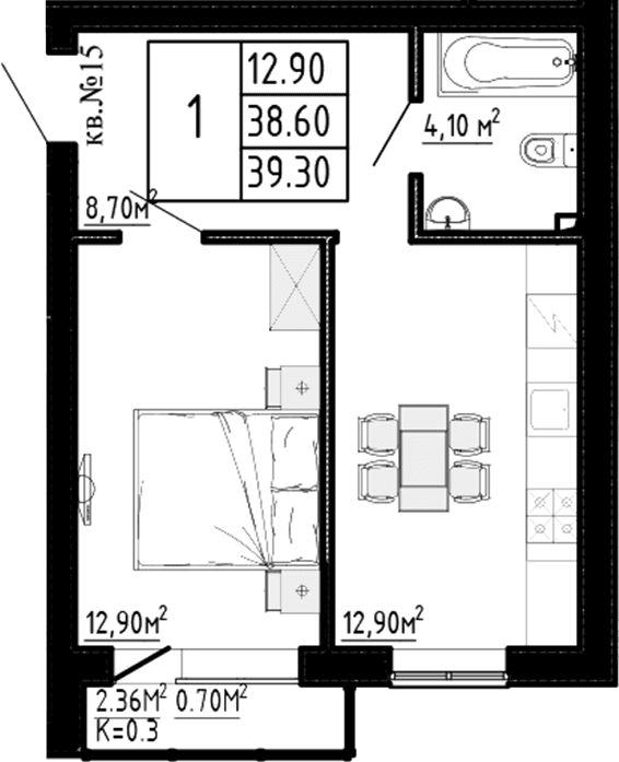 Планировка: 1-комнатная квартира 38,6 м² в ЖК «Перспектива»