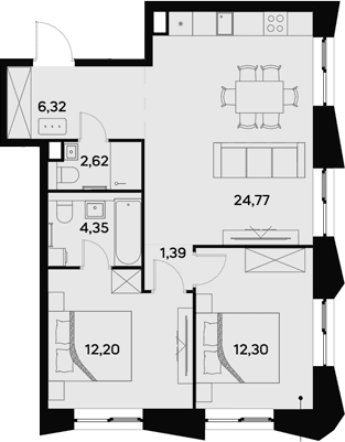 Планировка: Евротрёшка 64 м² в ЖК «УЛЬТИМА Сити»