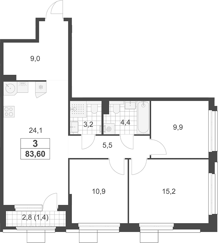 Планировка: Квартира евро-4 82,2 м² в ЖК «Южные сады»
