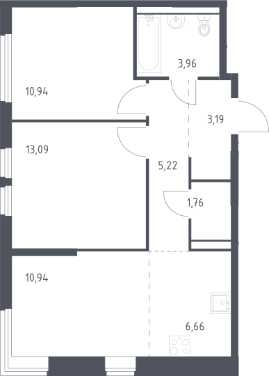 Планировка: Евротрёшка 55,8 м² в ЖК «Пригород Лесное»