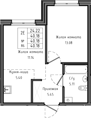 Планировка: Евродвушка 40,2 м² в ЖК «Тишин»