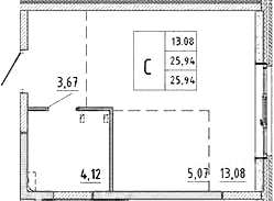 Планировка: Студия 25,9 м² в ЖК «Аннино Сити»