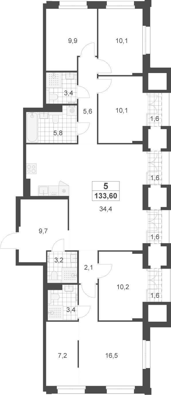 Планировка: 5-комнатная квартира 131,6 м² в ЖК «Деснаречье»