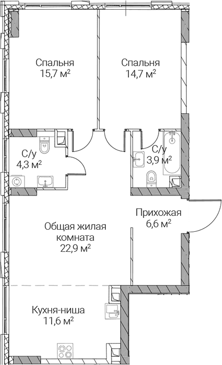 Планировка: Евротрёшка 79,7 м² в ЖК «СЕЗАР СИЛИКА»