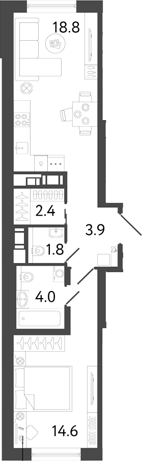 Планировка: Евродвушка 45,5 м² в ЖК «Передвижники 2»