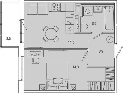 Планировка: 1-комнатная квартира 34,3 м² в ЖК «ОКЛА»