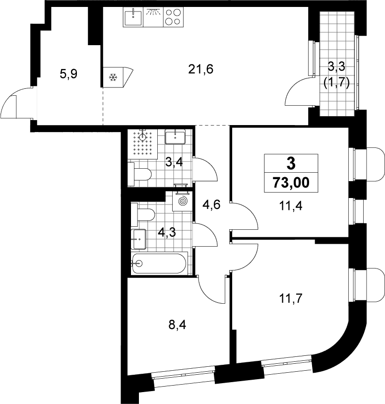 Планировка: Квартира евро-4 71,3 м² в ЖК «Прокшино»