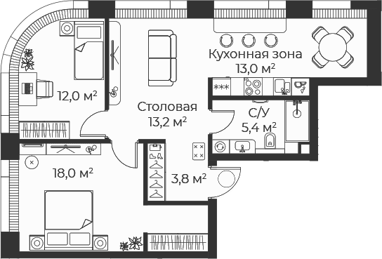 Планировка: Евротрёшка 65,4 м² в ЖК «Веер»