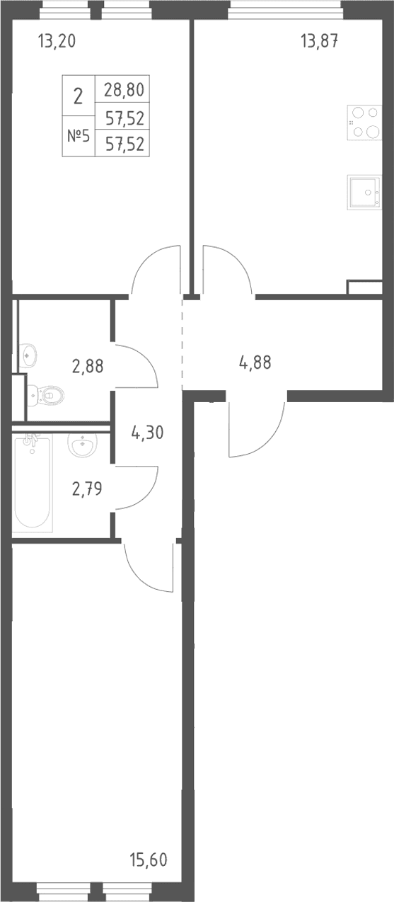 Планировка: 2-комнатная квартира 57,5 м² в ЖК «Пригород Лесное»