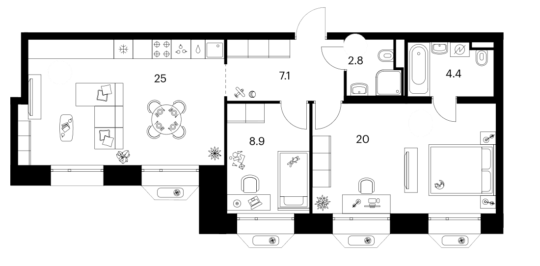 Планировка: 2-комнатная квартира 68,2 м² в ЖК «Зеленый парк»