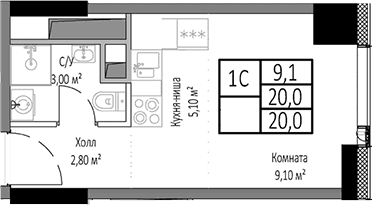 Планировка: Студия 20 м² в ЖК «Мираполис»