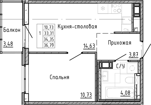 Планировка: 1-комнатная квартира 30,9 м² в ЖК «ОКЛА»