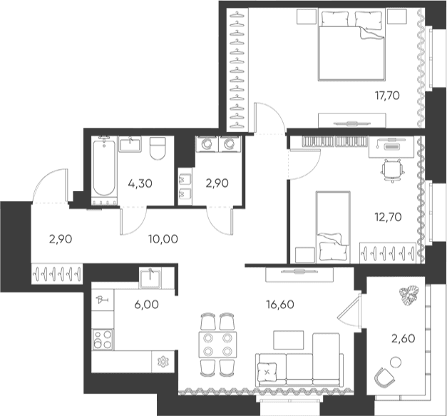 Планировка: Евротрёшка 73,1 м² в ЖК «Моисеенко, 10»