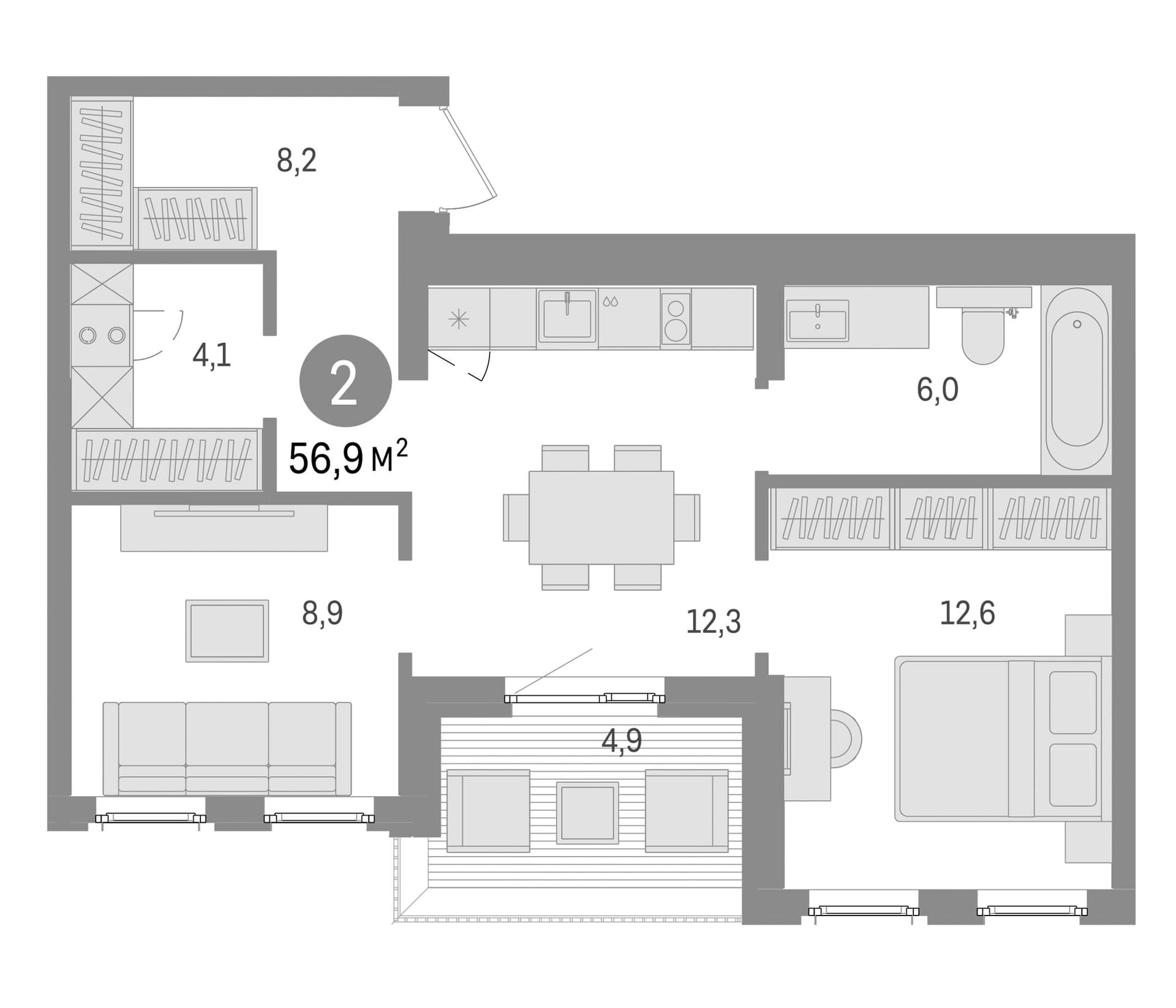 Планировка: Евротрёшка 52 м² в ЖК «Брусника в Новоселье»