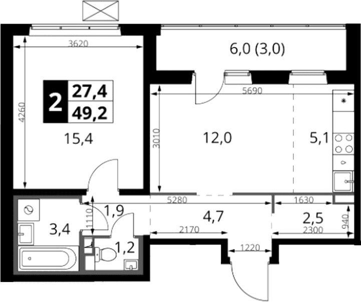 Планировка: Евродвушка 46,2 м² в ЖК «1-й Южный»