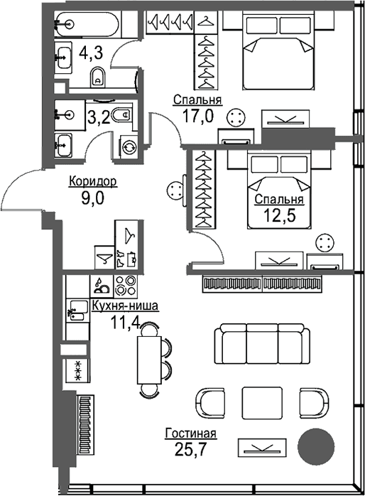 Планировка: Евротрёшка 83,4 м² в ЖК «Слава»