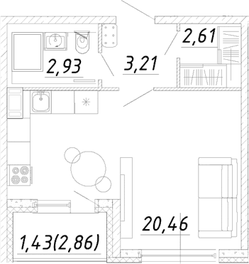 Планировка: Студия 29,2 м² в ЖК «Догма Юкки»