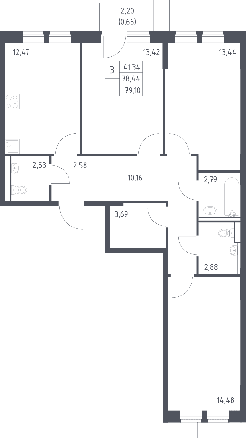 Планировка: 3-комнатная квартира 78,4 м² в ЖК «Молжаниново»