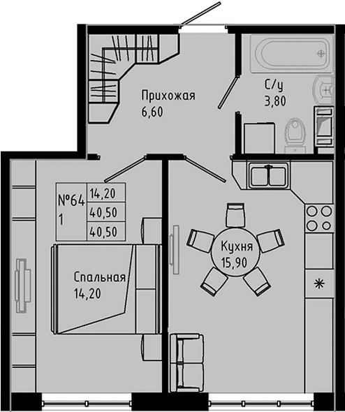 Планировка: Евродвушка 40,5 м² в ЖК «PIXEL»