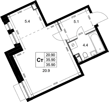 Планировка: Студия 35,9 м² в ЖК «Кореневский Форт 2.3»