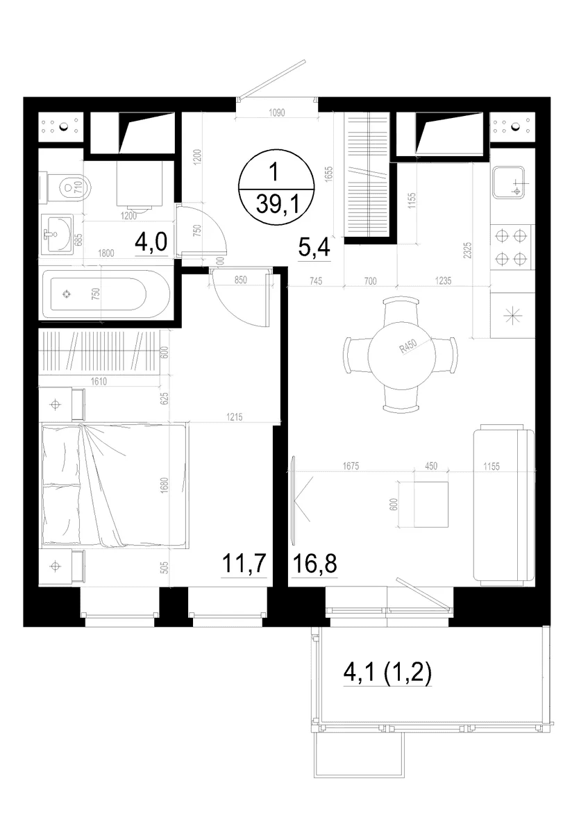 Планировка: 1-комнатная квартира 37,9 м² в ЖК «Союзный»