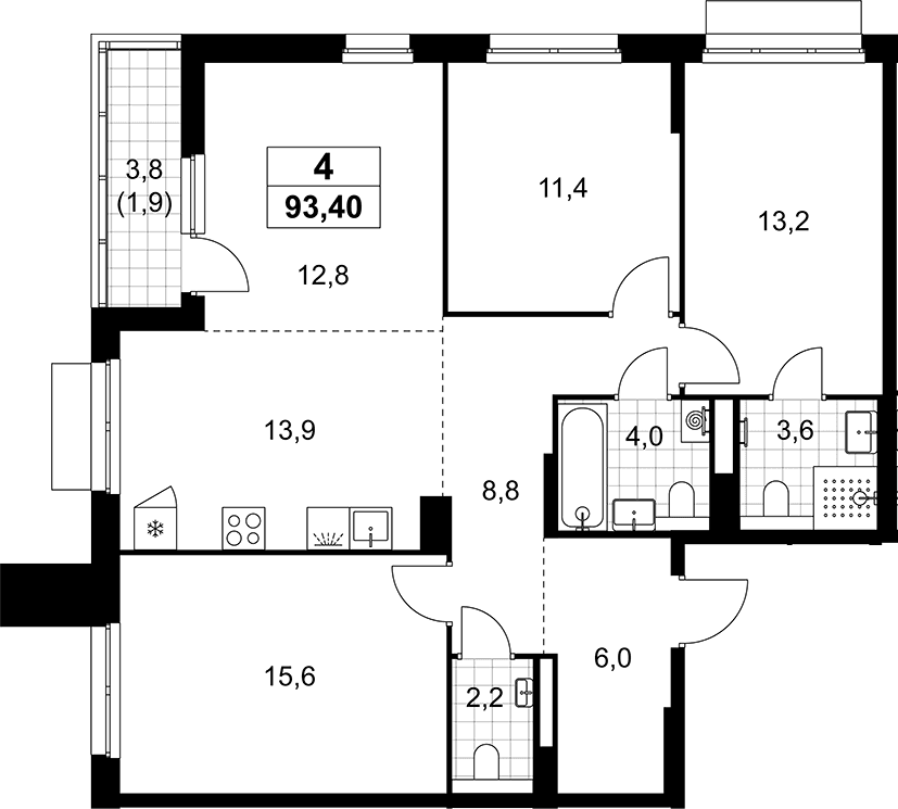 Планировка: Квартира евро-4 91,5 м² в ЖК «Деснаречье»