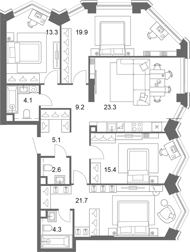 Планировка: Квартира евро-5 118,8 м² в ЖК «ОМ Ботанический»