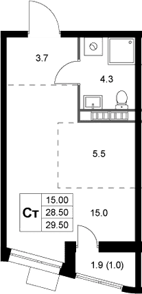 Планировка: Студия 28,5 м² в ЖК «Легенда Коренево»