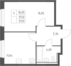Планировка: 1-комнатная квартира 37,1 м² в ЖК «Егорово парк»