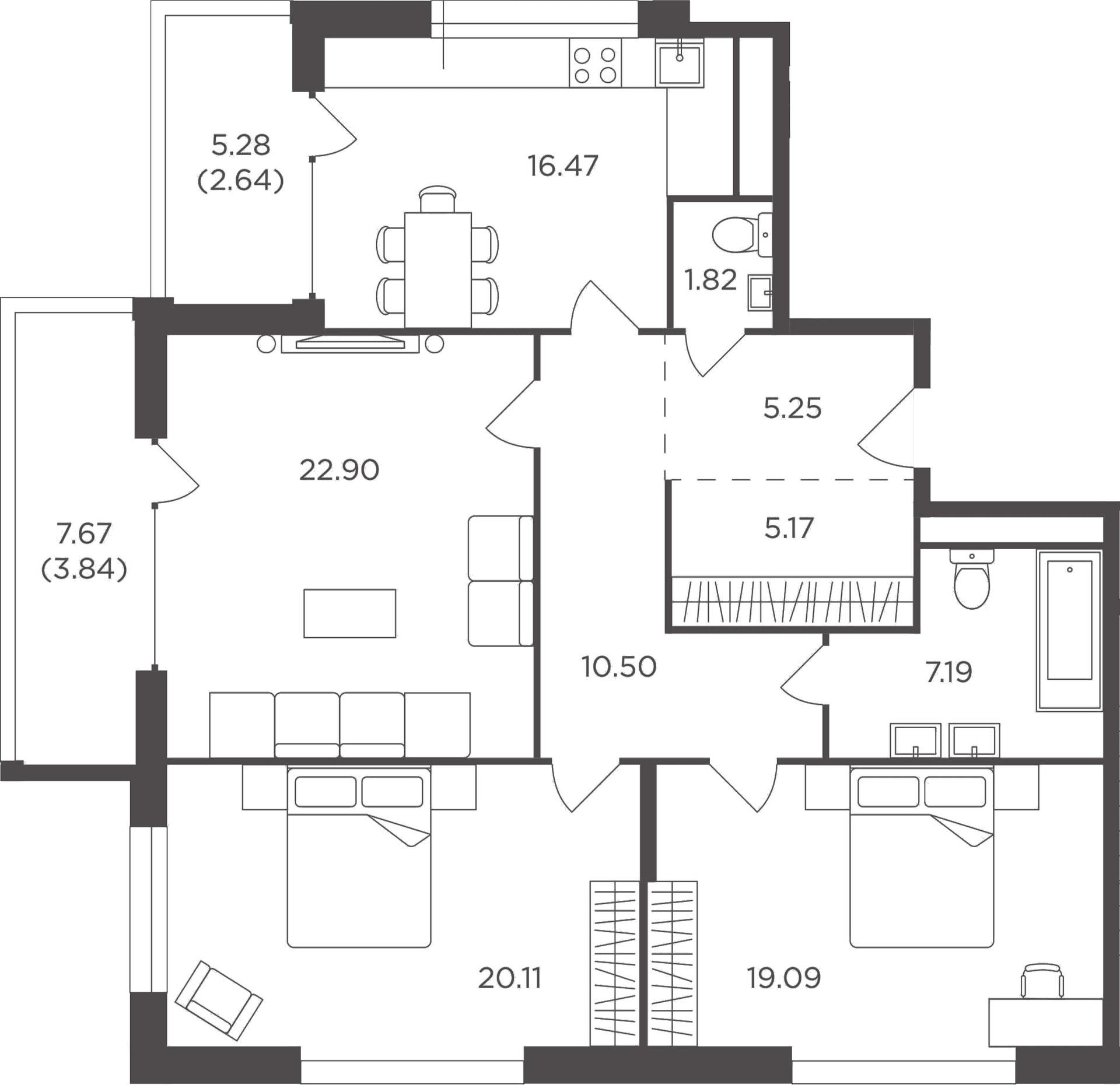 Планировка: 3-комнатная квартира 108,5 м² в ЖК «FORIVER»