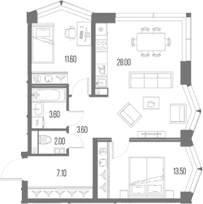 Планировка: 2-комнатная квартира 69,4 м² в ЖК «Северный Порт»