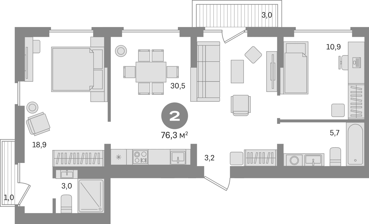 Планировка: 2-комнатная квартира 72 м² в ЖК «Первый квартал. Вторая очередь»